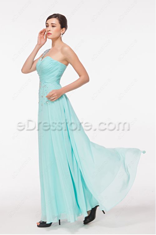 One Shoulder Light Blue Crystals Chiffon Flowing Prom Dresses