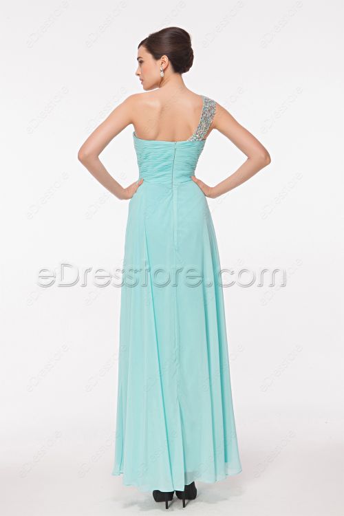 One Shoulder Light Blue Crystals Chiffon Flowing Prom Dresses