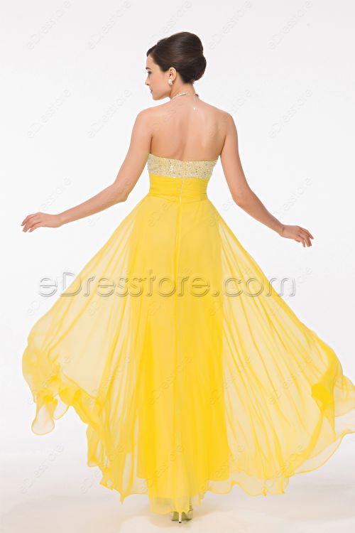 Beaded Sequin Yellow Flowing Prom Dress
