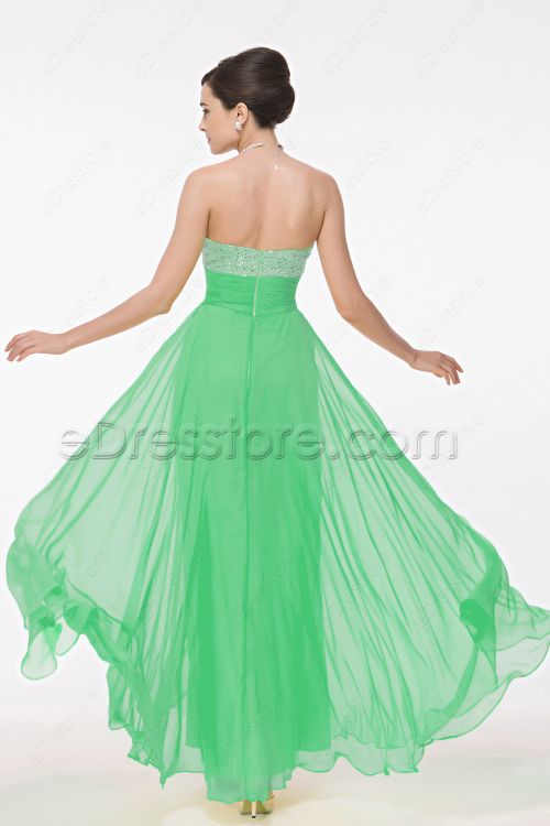 Silver Sequin Fresh Green Chiffon Prom Dress Long