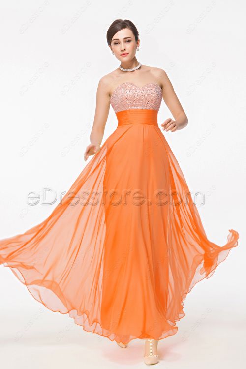 Sweetheart Beaded Sequin Orange Evening Dresses