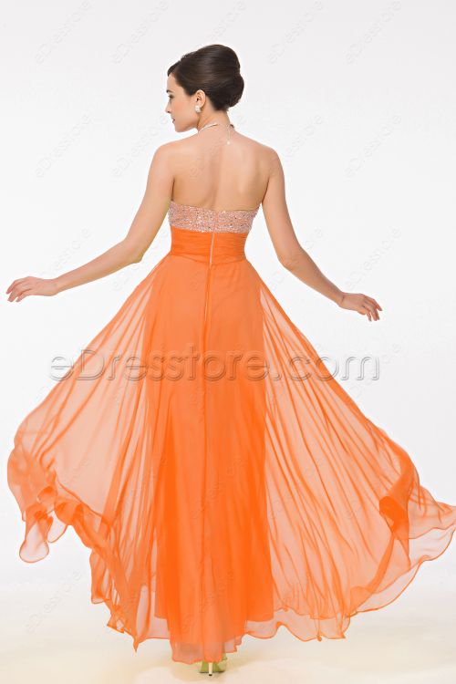 Sweetheart Beaded Sequin Orange Evening Dresses
