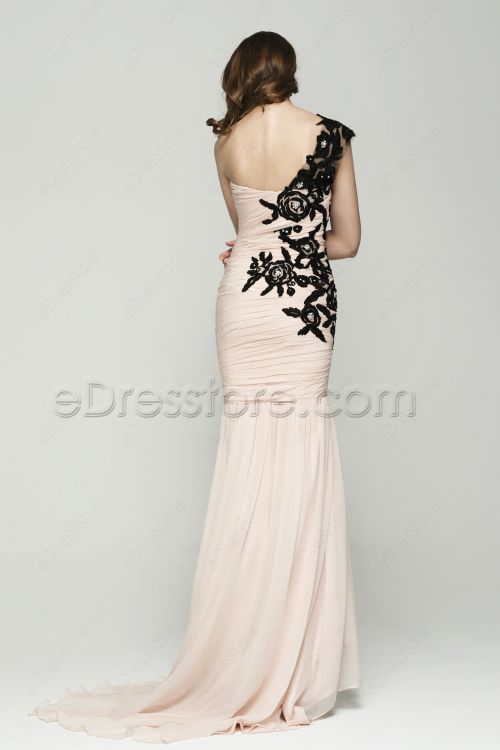 Peach Pink Black Lace Mermaid Prom Dresses Long with Train