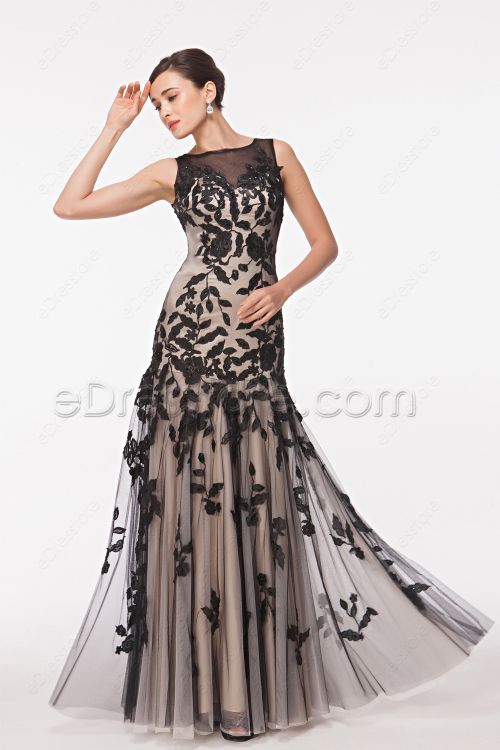 Trumpet Champagne Black Modest Mother of the Bride Dresses
