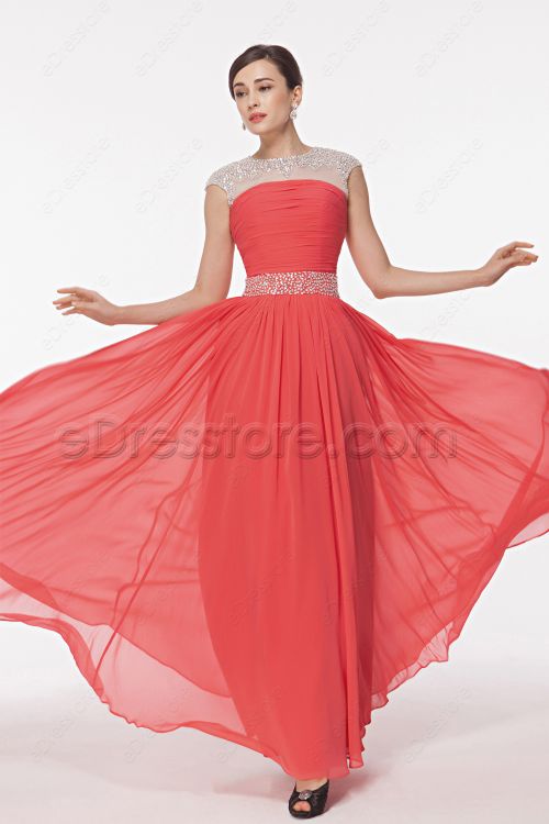 Modest Crystal Coral Prom Dresses with Cap Sleeves