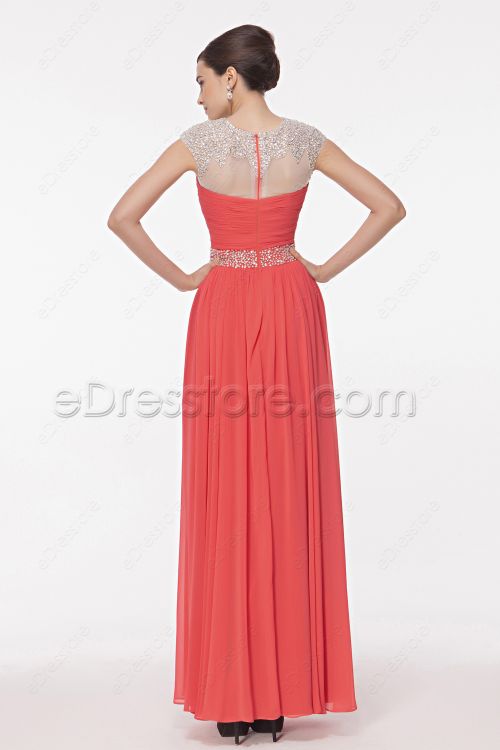 Modest Crystal Coral Prom Dresses with Cap Sleeves