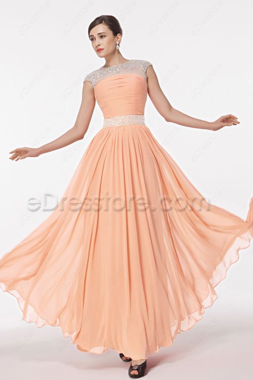 Modest Peach Crystals Maid of Honor Dresses Cap Sleeves