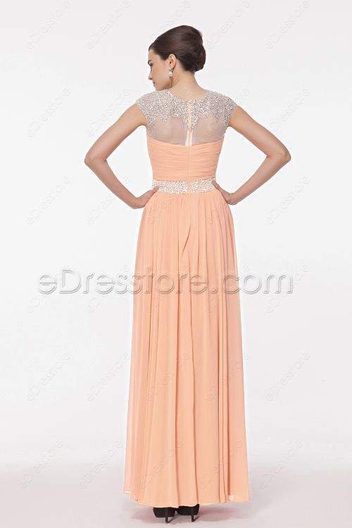 Modest Peach Crystals Maid of Honor Dresses Cap Sleeves