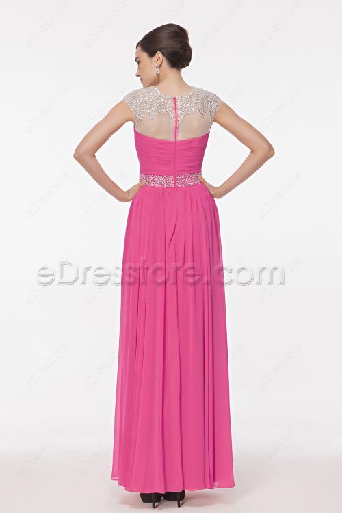 Modest Hot Pink Crystals Beaded Evening Dresses