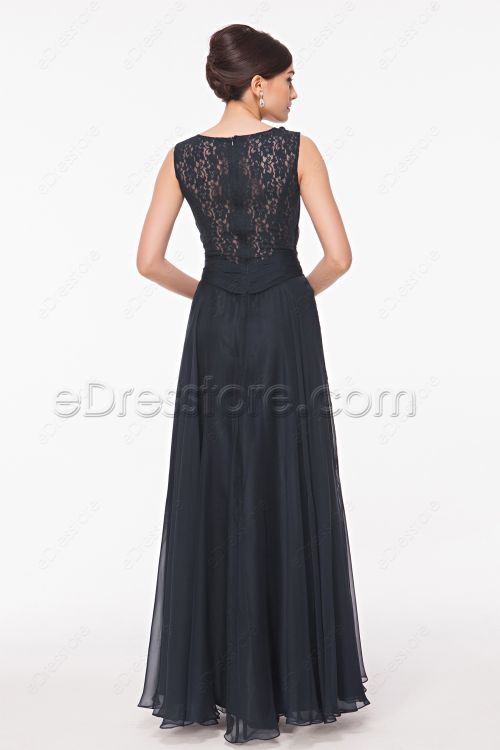 Navy Blue Long Lace Backless Prom Dresses