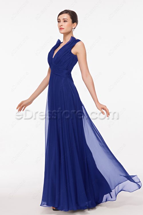 V Neck Royal Blue Bridesmaid Dresses Sheer Back