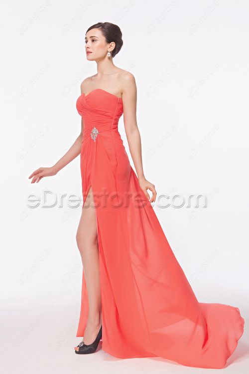Sweetheart Coral Long Bridesmaid Dresses with Slit