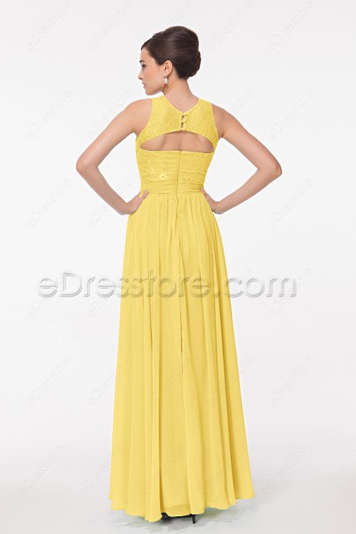 Modest High Neck Yellow Formal Dresses Key Hole Back