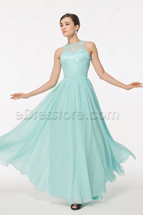 Modest Lace Chiffon Light Blue Long Prom Dress Key Hole Back