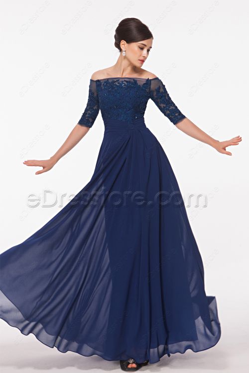 Off the Shoulder Modest Lace Navy Blue Prom Dresses with Half Sleeves