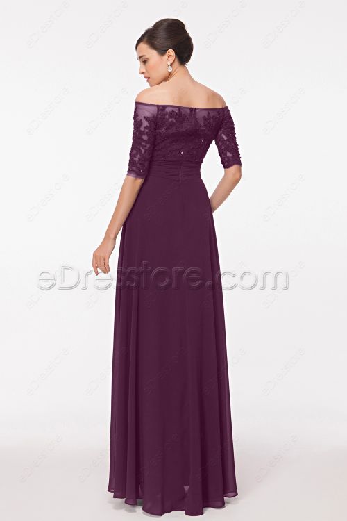 Off the Shoulder Modest Eggplant Mother of the Bride Dresses with Sleeves
