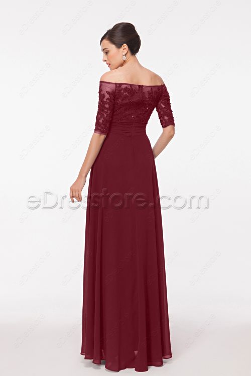 Burgundy Modest Lace Prom Dresses with Sleeves