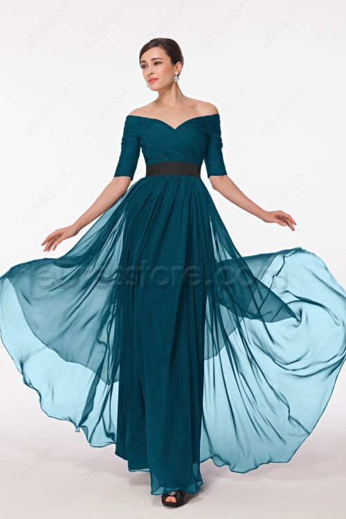 Modest 1/2 Sleeves Teal Prom Dress Off the Shoulder