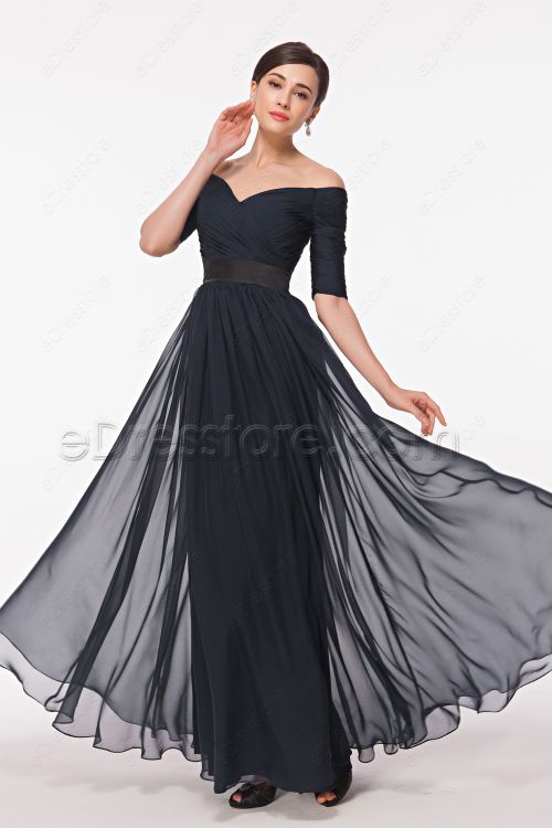 Modest Off the Shoulder Navy Blue Prom Dresses with Sleeves