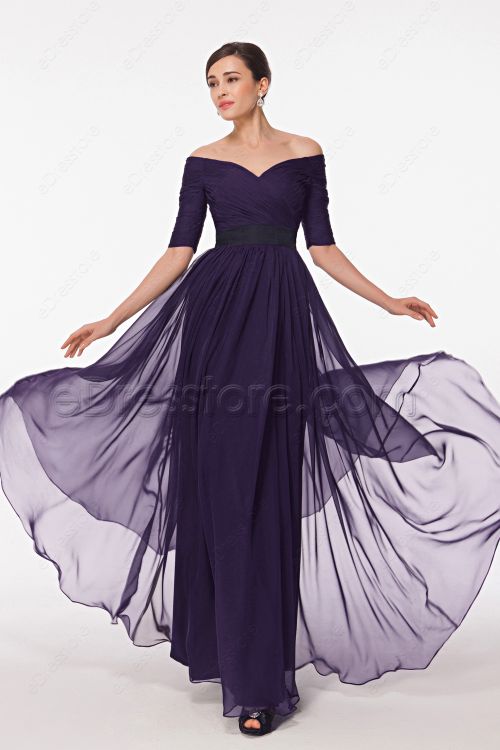 Modest Dark Purple Mother of the Bride Dress with Sleeves