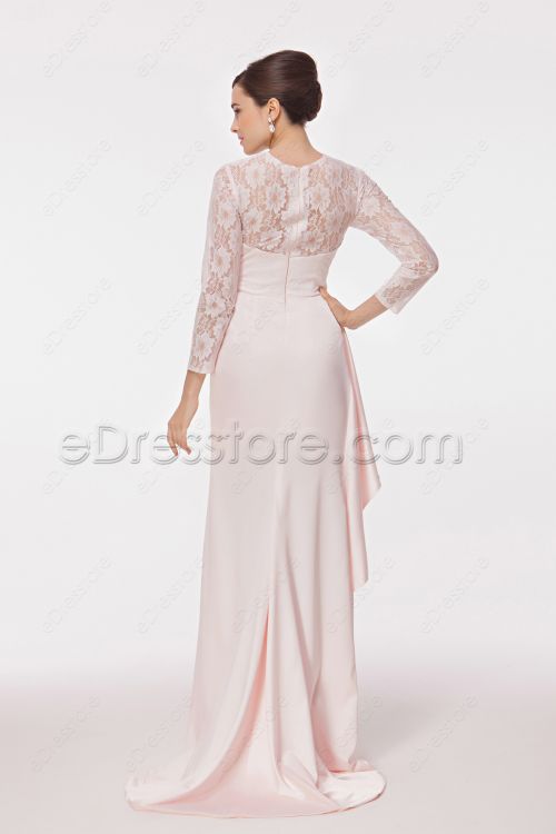 Modest Pink Long Sleeve Prom Dresses with Slit