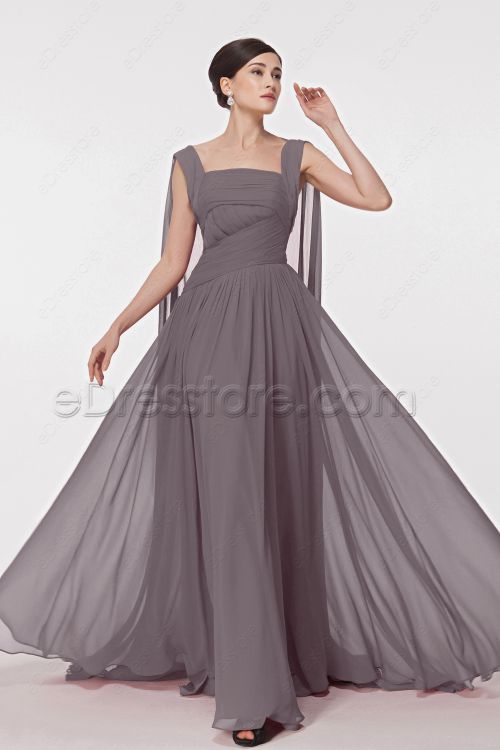 Flowing Pinkish Grey Formal Dresses with Watteau Train
