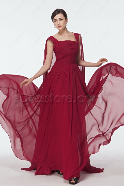 Burgundy Long Prom Dresses with Watteau Train