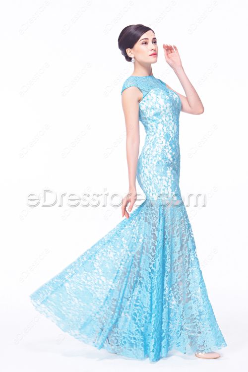 Light Blue Mermaid Backless Prom Dresses Cap Sleeves