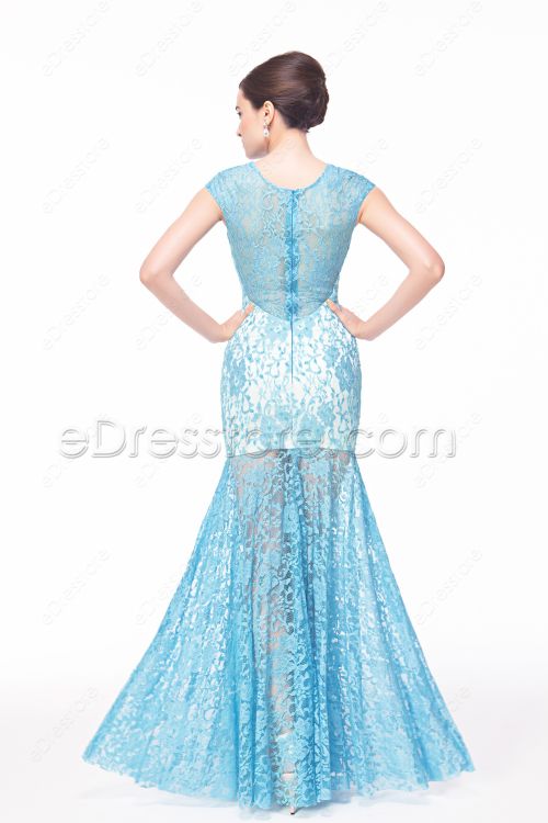 Light Blue Mermaid Backless Prom Dresses Cap Sleeves