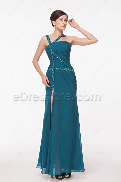Beaded Straps Teal Evening Dress with Slit