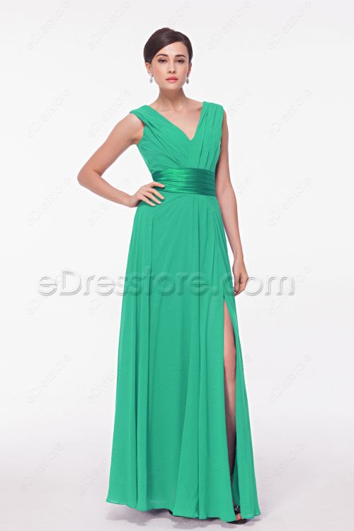 V Neck Green Evening Dress with Slit
