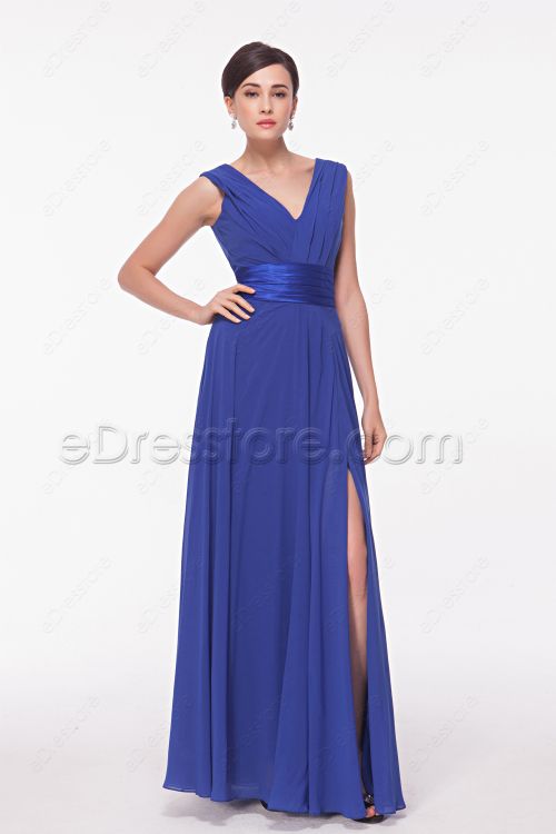 V Neck Royal Blue Long Bridesmaid Dress with Slit