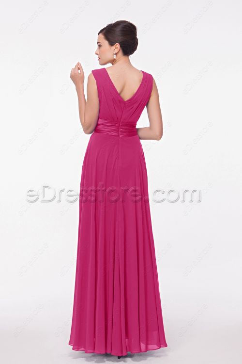 V Neck Hot Pink Long Formal Dress with Slit