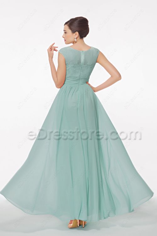 Lace Modest Dusty Green Bridesmaid Dress Capped Sleeves