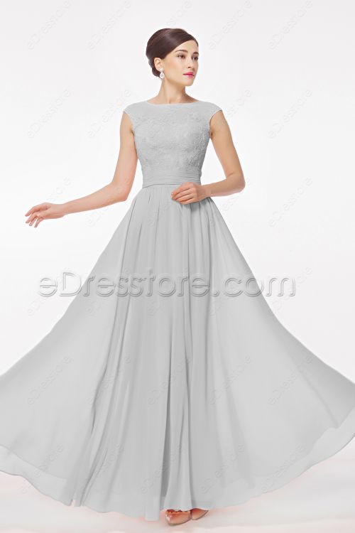 Modest Cap Sleeves Grey Mother of the Bride Dresses