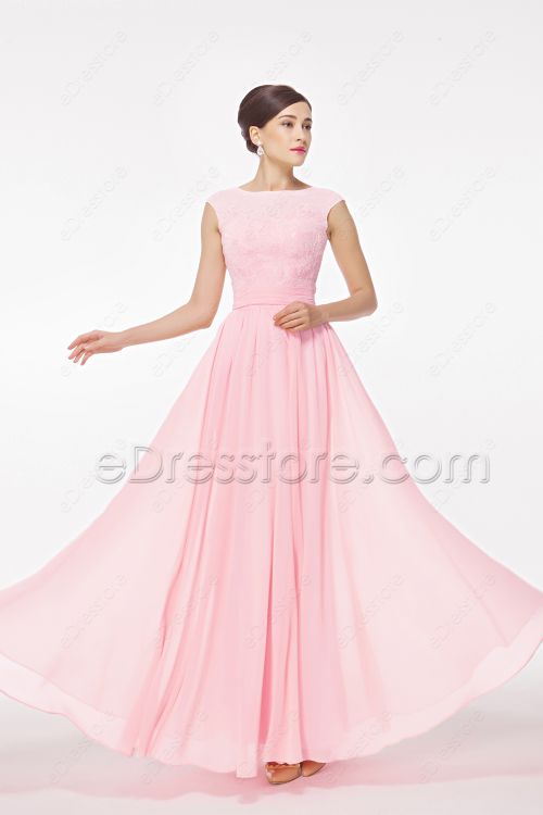 Modest Light Pink Bridesmaid Dress Cap Sleeves