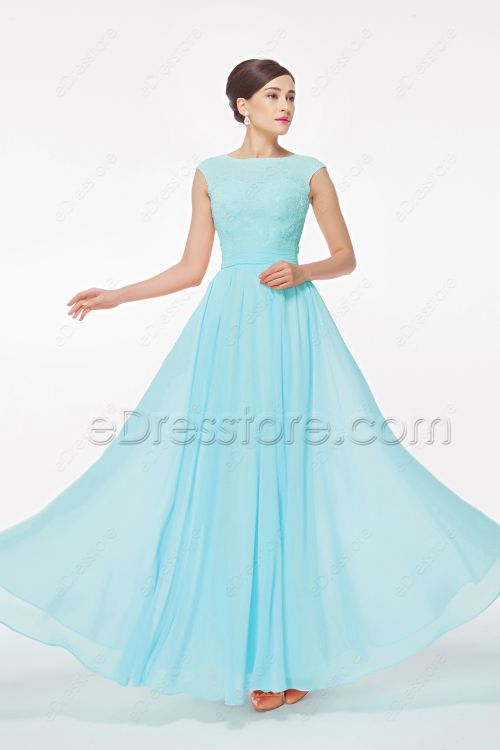 Light Blue Modest Prom Dress with Cap Sleeves