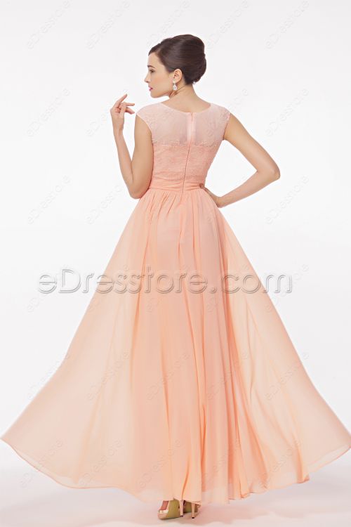 Modest Peach Prom Dresses Cap Sleeves