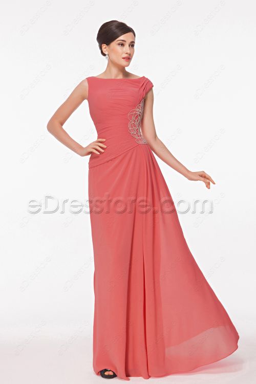 Modest Coral Bridesmaid Dresses Long