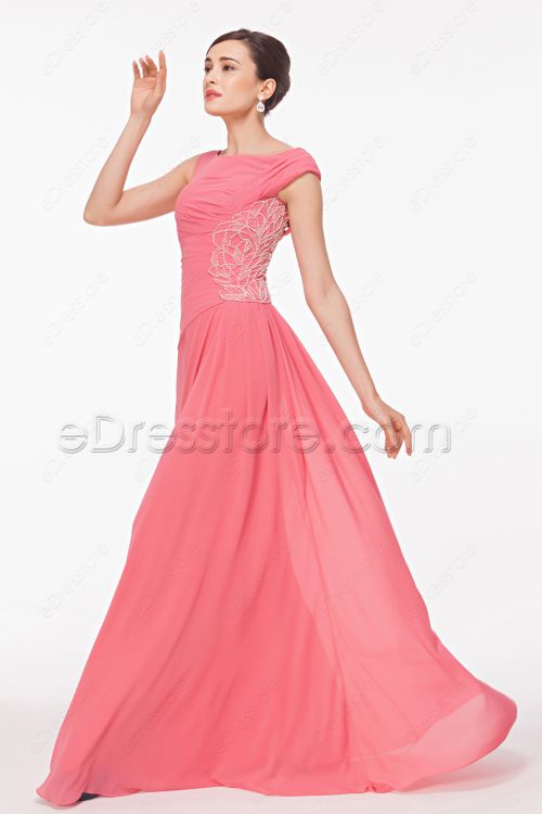 Modest Boat Neck Beaded Pink Prom Dresses
