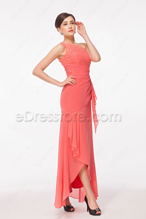 One Shoulder Coral High Low Bridesmaid Dresses