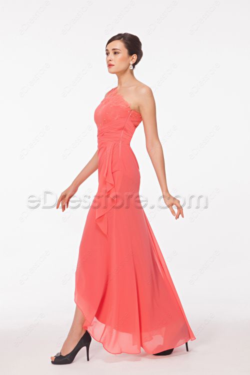One Shoulder Coral High Low Bridesmaid Dresses