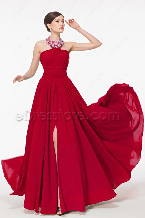 Halter Red Prom Dress with Slit