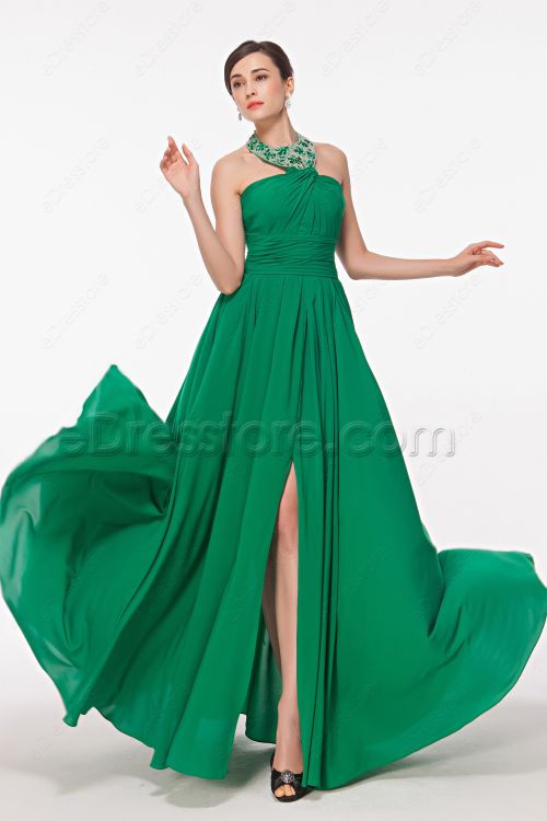 Beaded Halter Emerald Green Long Prom Dress with Slit