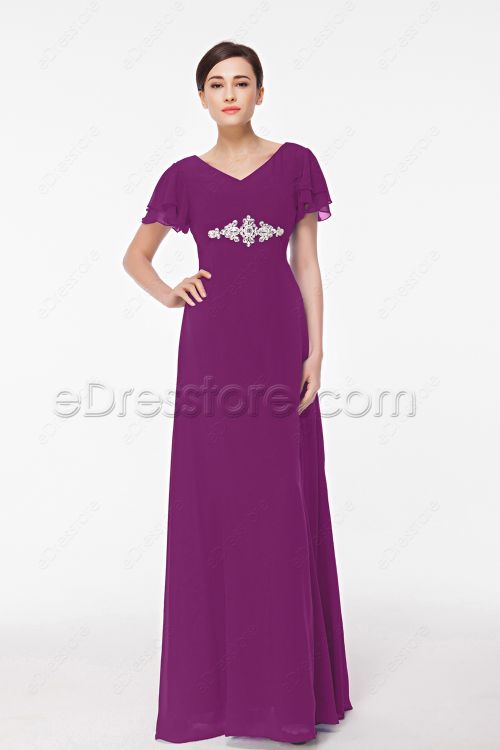 Magenta Modest Bridesmaid Dresses with Sleeves