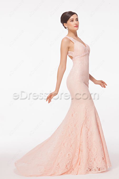 Mermaid Peach Pink Lace Backless Prom Dress