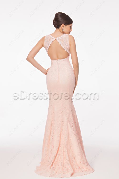 Mermaid Peach Pink Lace Backless Prom Dress