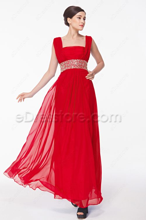 Square Neck Beaded Red Formal Dresses Plus Size