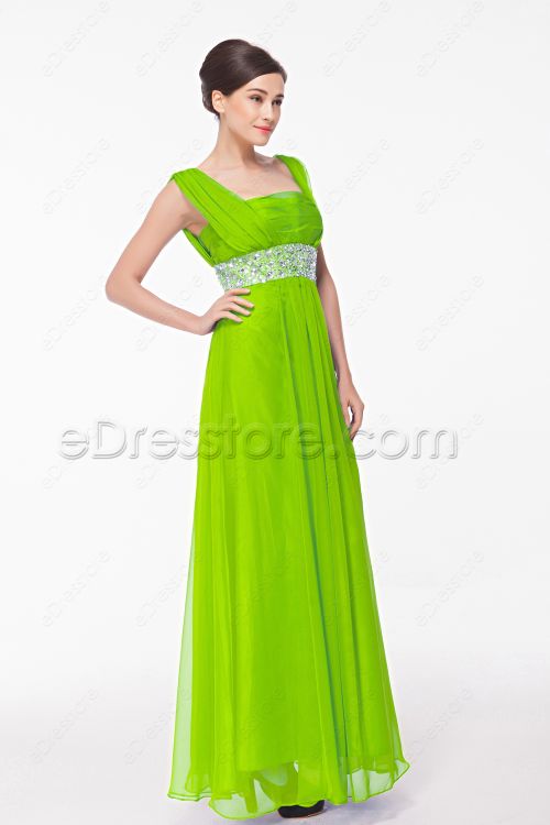 Square Neckline Beaded Lime Green Long Prom Dresses Plus Size
