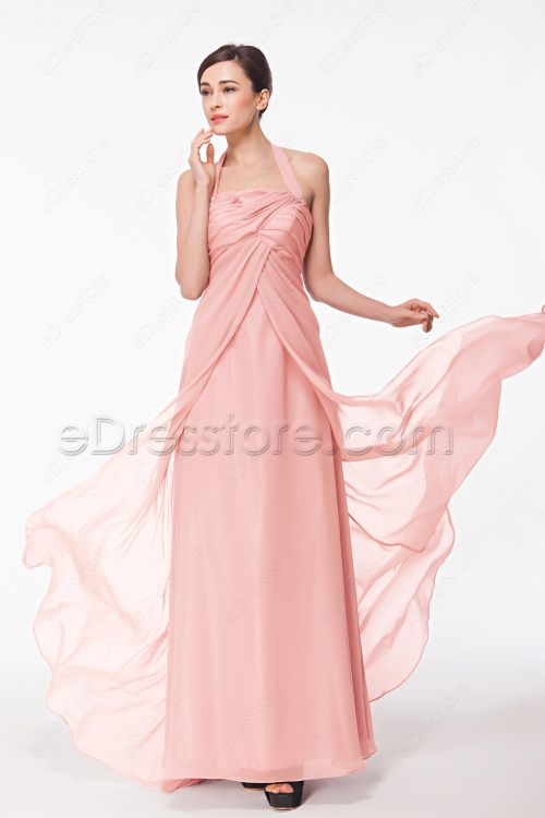 Halter Pink Evening Dress with Empire Waist